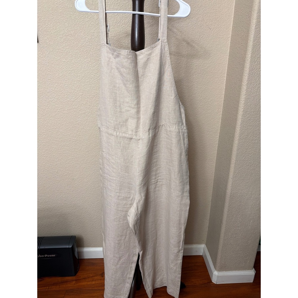 Eileen Fisher Organic Linen Wide Leg Overalls Oatmeal Beige L/G Jumpsuit